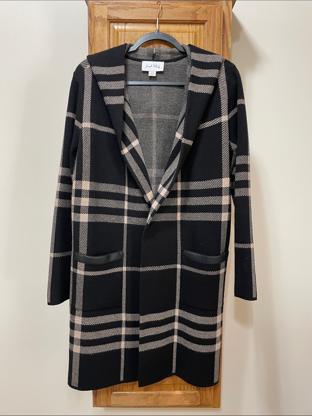 Joseph Ribkoff Black & Taupe Plaid Hooded Long Coat Size Medium